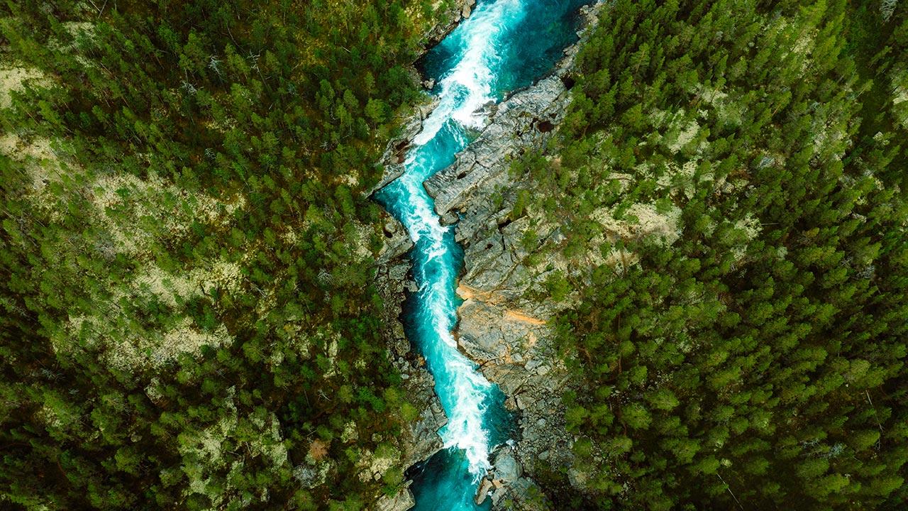 无全球最大体育平台机高角度拍摄的绿松石色山河在松林中流淌，俯瞰山峰