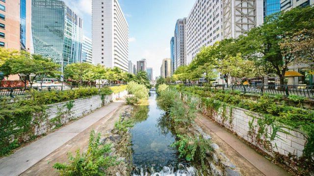 View of Cheonggyecheon Stream in Downtown Seoul, Korea