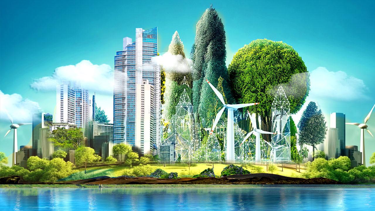 Photo illustration of a city with wind turbines, green space, and water in the foreground and digital connection points creating additional buildings