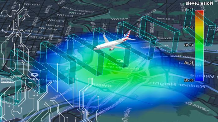 A plane and blue flight path visualization created using Volans with circuit imagery overlaid
